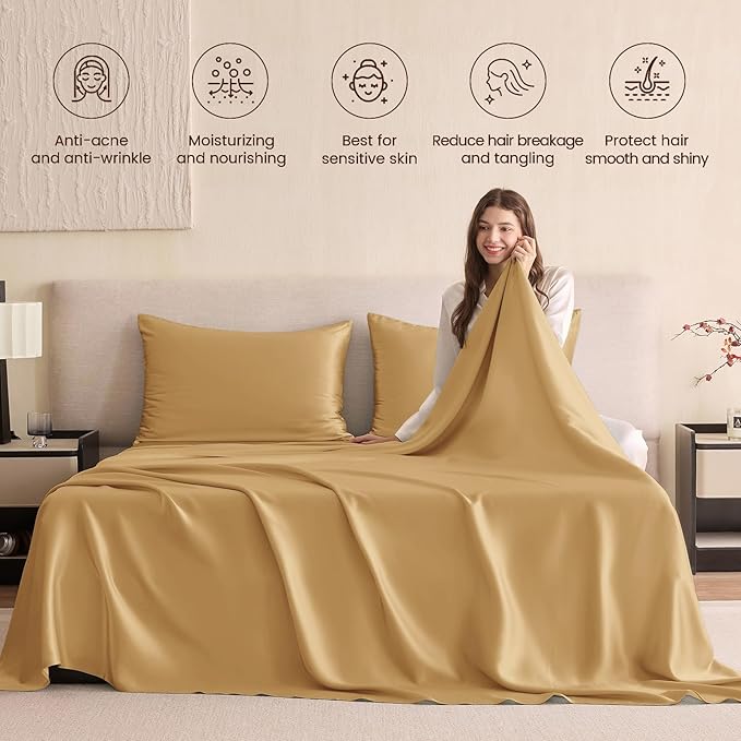 THXSILK Silk Sheet Set 5Pcs, 6A+ Top Grade 100% Pure Mulberry Silk Bed Sheets, Ultra Soft Durable Luxury Bedding Sets, 2 Fitted Sheet, 1 Flat Sheet and 2 Pillowcases (Split King, Metallic Gold)