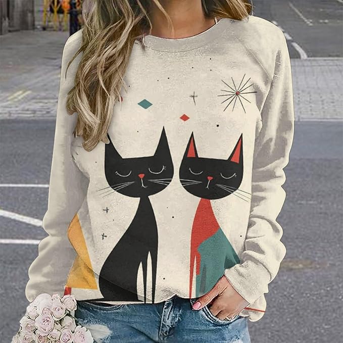Biacolum Long Sleeve Shirts for Women Mid Century Retro Style Atomic Cat 3D Graphic Sweatshirts Fall Crewneck Pullover Top