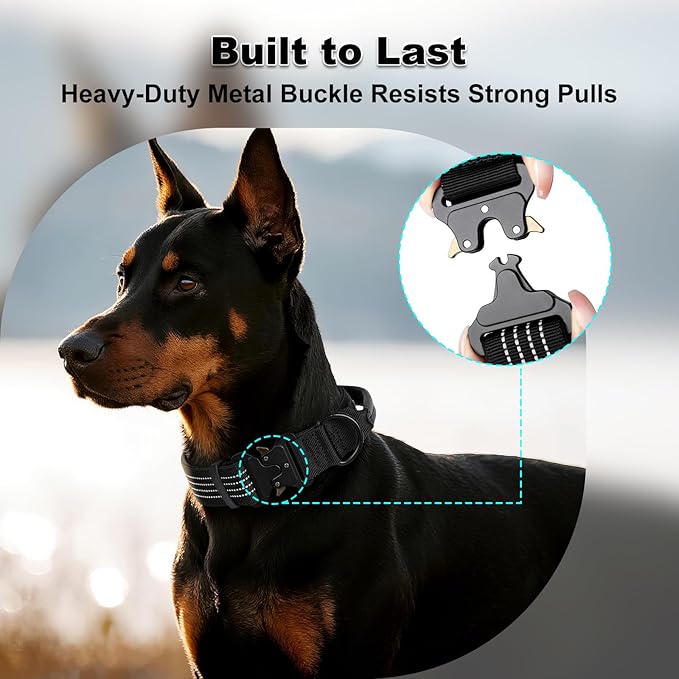 Plutus Pet Tactical Dog Collar with Tracker Pocket for AirTag, Adjustable Reflective Nylon Collar, Metal Buckle, Leather-Wrapped Handle, Soft Padded for Medium Large Dogs (Black, M)