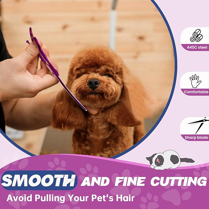 JASON Curved Thinner Dog Scissors - 7” Ergonomic Pet Scissor Purple Curved Thinning Dog Shear 440C Stainless Steel Grooming Shears Professional Pet Shears For Groomer (52-Teeth, Up-curved) Christmas
