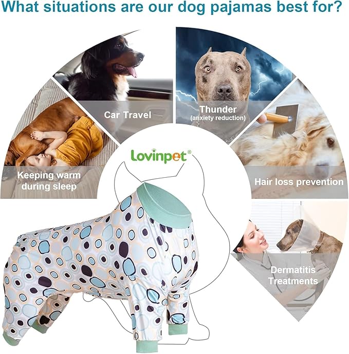LovinPet Large Dog Pjs - Anti Licking & Anxiety Calming Dog Clothes, All Season Lightweight Stretchy Fit, Bullseye Melon Print, Pet Pajamas for Dogs, Pitbull Clothes, Grey 3XL