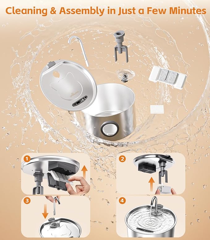 UPAWPIA 3.2L Cat Water Fountain Stainless Steel with 20 Filters Automatic Pet Water Fountain for Cats/Dogs Indoor Ultra Quiet Metal Cat Fountains for Drinking Kitty Watering Supplies for Animals