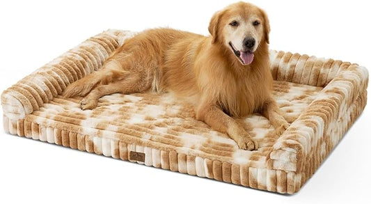 Cute Dog Bed for Extra Large Dogs, Faux Fur Orthopedic Foam Dog Bed with Sides, Removable Washable Cover & Waterproof Lining, Comfortable Pet Couch, Tie-Dye Brown (48" L x 35" W x 7.5" Th)