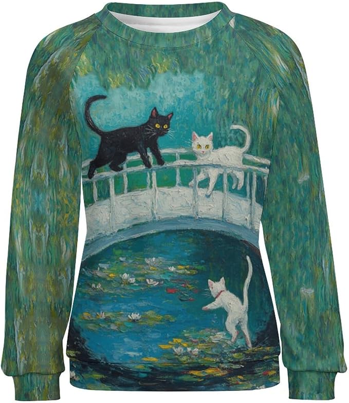 Womens novelty funny cat printed crewneck sweatshirt casual loose long sleeve graphic pullover sweatshirts tops