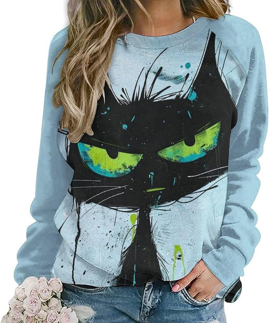Biacolum Long Sleeve Shirts for Women Mid Century Retro Style Atomic Cat 3D Graphic Sweatshirts Fall Crewneck Pullover Top
