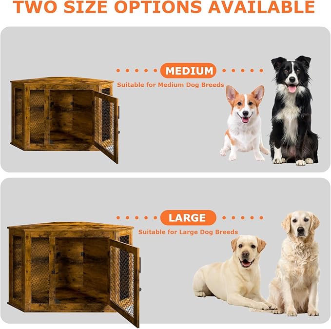 Corner Dog Crate Furniture, 44" Wooden Dog Kennel Furniture End Table with Mesh, Dog Kennel Indoor Furniture for Small Medium Dogs, Modern Decorative Wood Pet House Dog Cage Crate, Brown