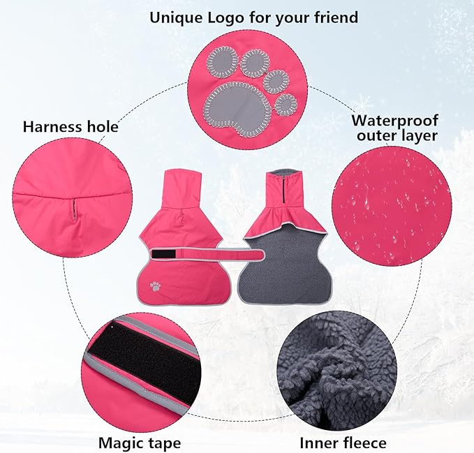 Geyecete Dog Winter Coat Geyecete Greyhound Raincoat Fabric with Lamb Velvet Inside Outdoor Dog Apparel with Adjustable Bands for Medium, Large Dog-Pink-M