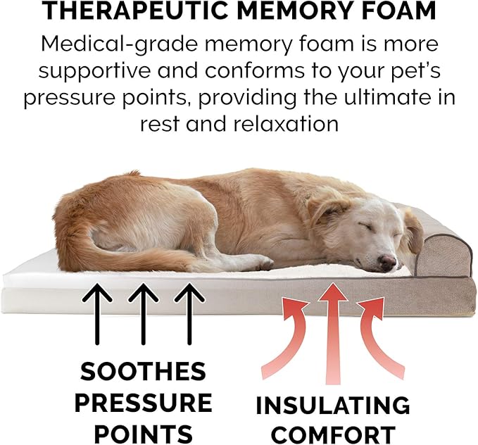 Furhaven Memory Foam Dog Bed for Large Dogs w/ Removable Bolsters & Washable Cover, For Dogs Up to 95 lbs - Sherpa & Chenille Sofa - Cream, Jumbo/XL