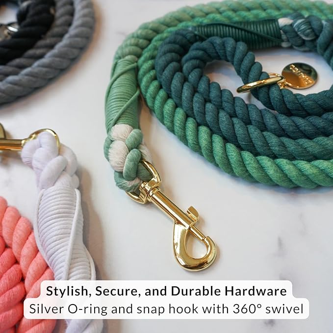 DJANGO Cotton Rope Dog Leash 5ft – Handcrafted Dog Leash and Green Braided Leash for Small, Medium, Large Dogs – Durable 5 Foot Training Lead with Gold Hardware and Whipped Ends – Forest Green Ombre
