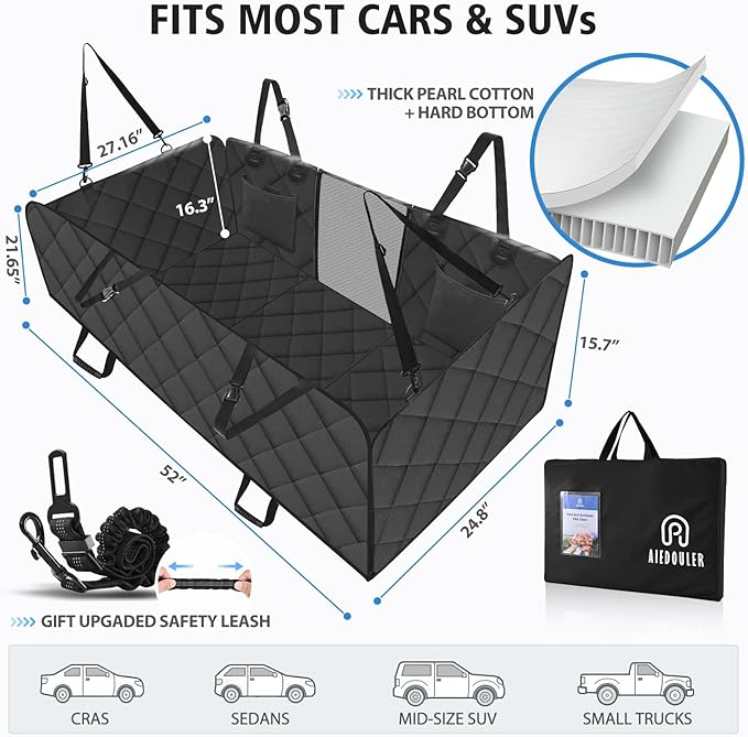 Back Seat Extender for Dogs-Mesh Window, Dog Car Seat Cover for Back Seat, 400lbs Capacity Hard Bottom, Waterproof Dog Hammock for Mid-Size Cars, SUVs, Trucks Black(52‘x24.8’)