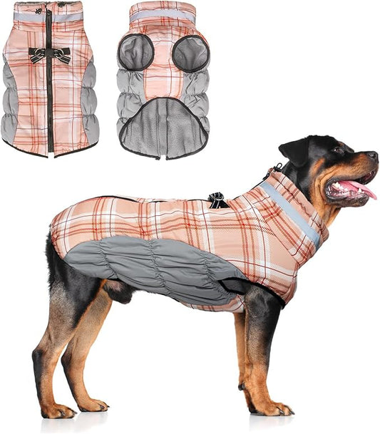 BEAUTYZOO Dog Winter Coat with Harness Built in, Reflective Plaid Puffer Vest Waterproof for Large Dogs, Fleece Warm Puppy Zipped Jacket with D Ring, Pet Cold Weather Sweater Clothes, Brown L