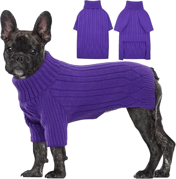 Large Dog Sweater - Turtleneck Thick Warm Doggie Christmas Sweater, Pet Sweatshirt Clothes Outfit Fall Knit for Pitbulls (Purple L)