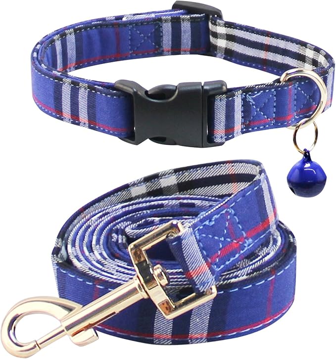 Cute Plaid Dog Collar Harness and Leash with Safety Buckle - Adjustable and No Pull Comfortable Dog Collars for Small Puppy, Stylish Durable Gift for Boy Girl Pets