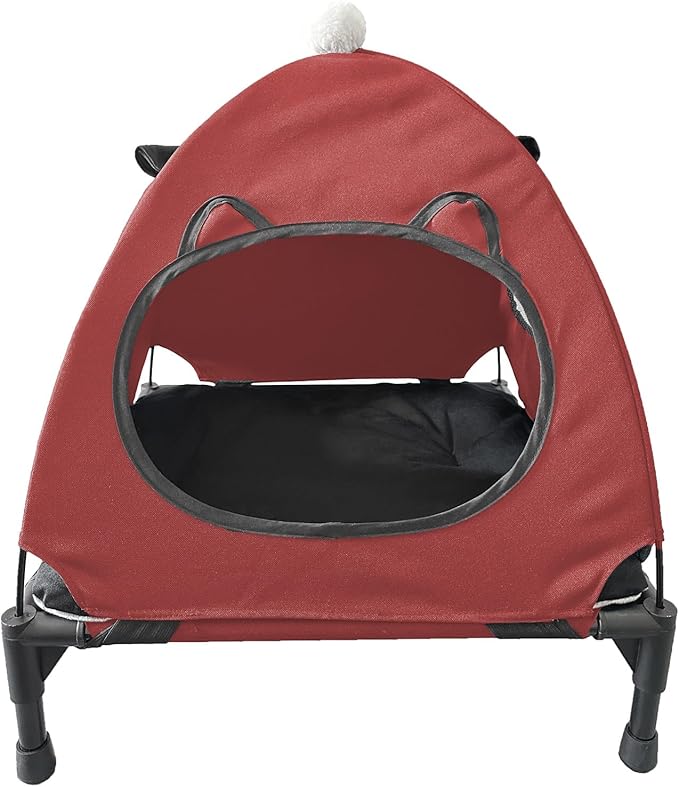 Love&go Elevated Dog Bed with Metal Frame, Cooling Raised Pet Cot for Dog and Cat (S - Red Bed+Mat+Canopy, Small-18.5x18.5x5.5 inch)