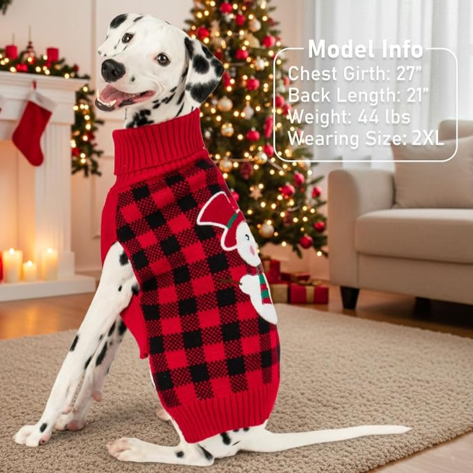 KYEESE Dog Christmas Sweater with Snowman Design, Turtleneck Dog Sweater for Small Dogs Boy Girl, Red Buffalo Plaid Knitwear with Leash Hole, Soft Warm Pet Clothes, Cozy Winter Outfit, Small