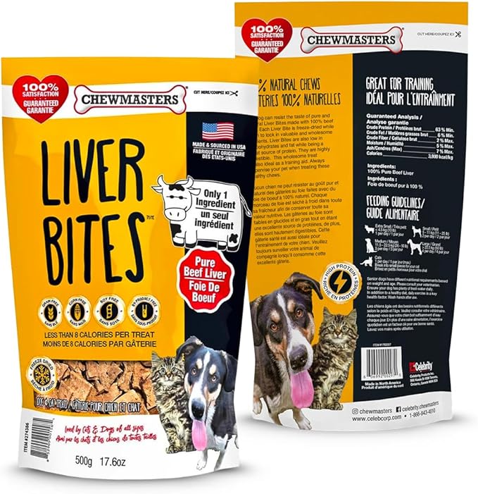 Chewmasters 100% Pure Beef Liver Bites, Healthy Freeze Dried Dog Treats, 17.6 oz, All Natural, Grain Free, High Protein & Zero Additives, Made in USA, Packed with Nutrients and Vitamins