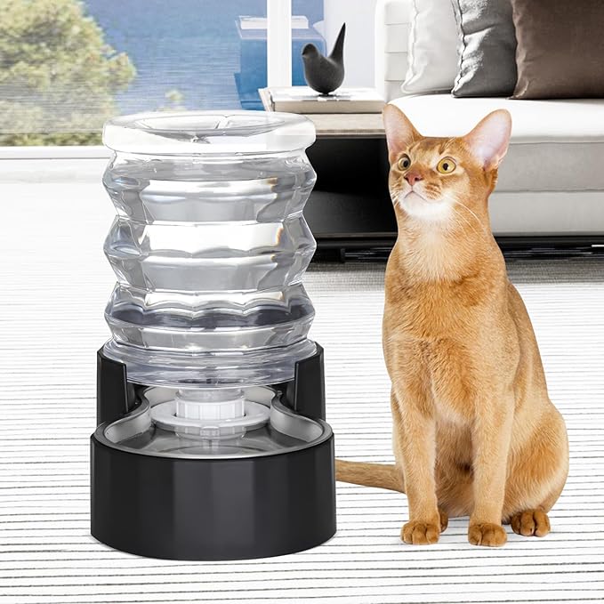 RIZZARI Dog Water Bowl Dispenser: 5L Gravity Black Automatic Stainless Steel Drinking Feeder with Filter for Dogs and Cats