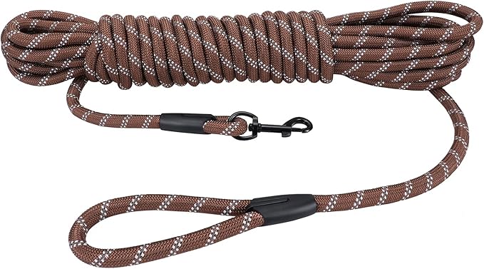 Long Dog Leash for Training 15Ft-Reflective Nylon Rope with Swivel Hook-Recall Agility Lead for Large Small Medium Dogs Outside Walking Hiking-Brown Diam 1/2"