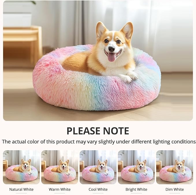 JOLLYVOGUE Small Dog & Cat Beds for Indoor Cats, Donut Cuddler Warming Soft Dog Beds with Anti-Slip Bottom, Round Calming Fluffy Plush Faux Fur Cushion Bed for Large Dogs (36", Rainbow)
