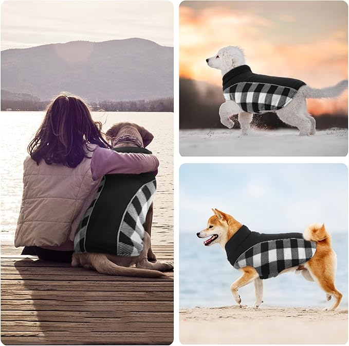 Kuoser Dog Winter Coat, Reversible Waterproof Dog Jacket with Reflective Strip, Warm Dogs Fleece Vest Adjustable Doggy Cold Weather Clothes Plaid Christmas Outfit Pet Apparel for Large Dogs, Black XL