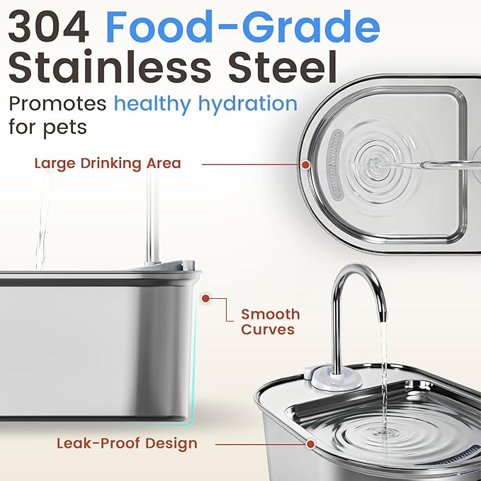 Cat Water Fountain Stainless Steel, 108oz/3.2L Quiet Automatic Cat Fountain for Drinking, Safe Auto Shut-Off, Large Oval Pet Water Dispenser for Dogs Indoor with 1 Replacement Filter