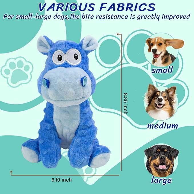 MeetYooo Squeaky Stuffed Dog Toys, Chew Toy for Large Medium Small Breeds, Plush Dog Toys to Keep Them Busy, Puppy Teething Dog Toy, Crinkle Dog Toy (Blue Hippo)
