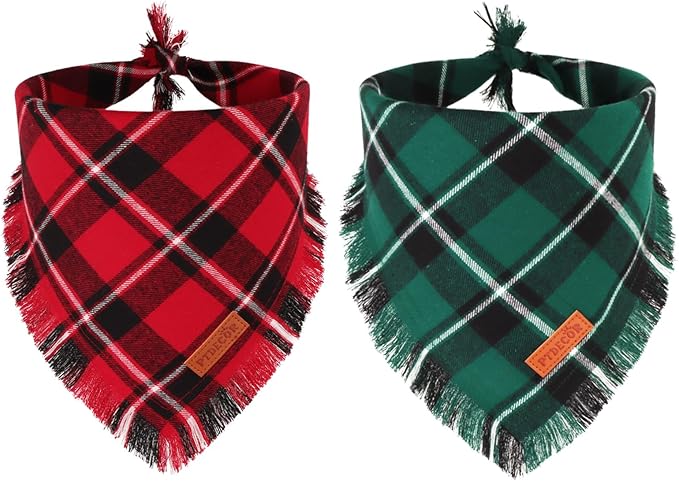 PTDECOR Christmas Dog Bandanas with Tassels Edges, 2 Pack Stylish Red Green Plaid Scarf Bibs, Premium Cotton Fabric, Reversible Triangle Christmas Bandanas for Medium Large Dogs Pets (Large)