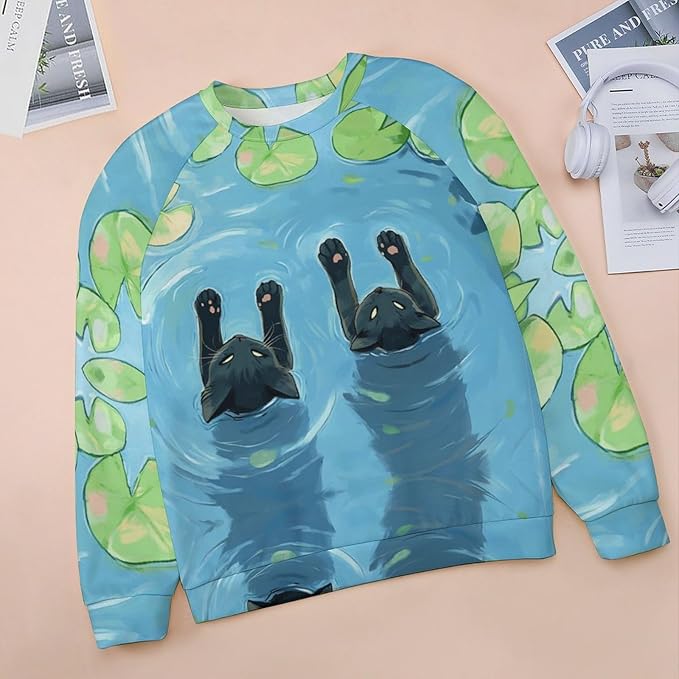 Womens novelty funny cat printed crewneck sweatshirt casual loose long sleeve graphic pullover sweatshirts tops