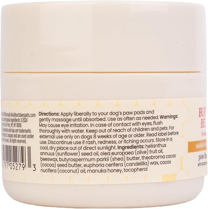 Burt’s Bees for Pets Paw Balm for Dogs with Manuka Honey and Coconut Oil, Soothes Dry Dog Paws, Naturally Derived Ingredients, 1.76 Oz