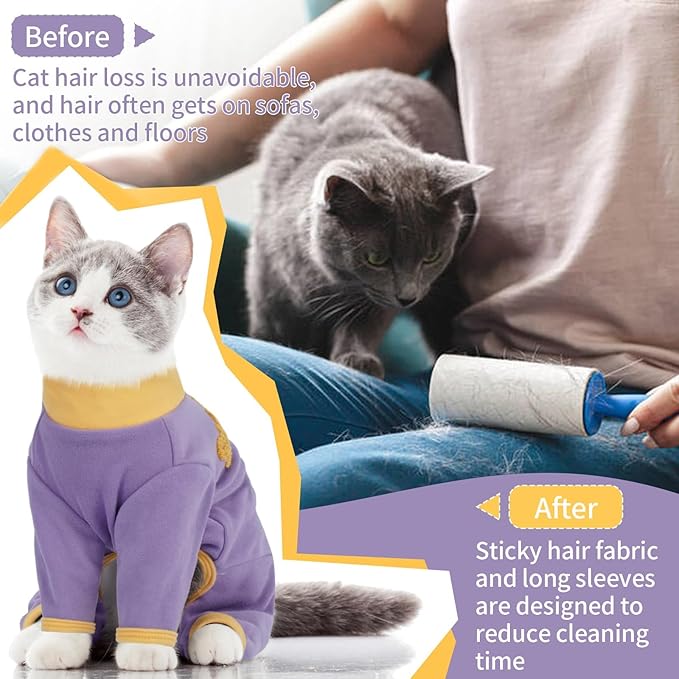 T'CHAQUE Sticky Hair Cat Onesie Pajamas, Soft Long Sleeve Cat Clothes, Anti-Shedding, Surgery Recovery Suit, Wound Protection & Preventing Licking, Kitten Sweaters for Male & Female, Purple-L