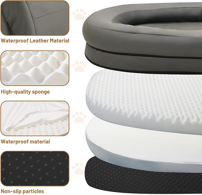 Luxury Plush Donut Pet Bed, Large Round Cushioned Dog Bed, Gray (Leather - Like Surface)