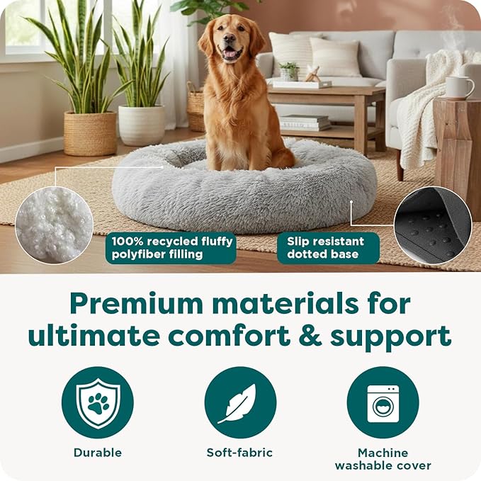 FurHaven 45" Calming Donut Dog Bed for Large Dogs, Round Plush Donut with Soft Filling for Snuggling Comfort, Removable Washable Cover, Jumbo/XL, Shaggy Faux Fur, Mist Gray