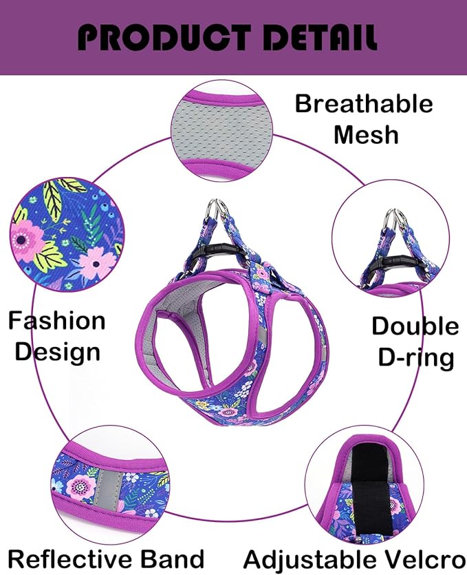 Moonpet Step in Dog Harness Leash Set- All Weather Reflective No-Pull Floral Pattern Padded Mesh Vest Harness for Cats Puppy Extra-Small Small Medium Large Dogs - Dark Flower - XXS