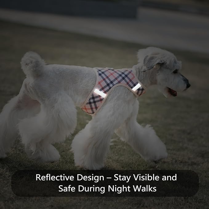 Dog Harness for Small Sized Dog,Hook-and-Loop Easy On/Off, Reflective Adjustable Soft Mesh Vest for Puppy (Checkered Beige,XXXS)
