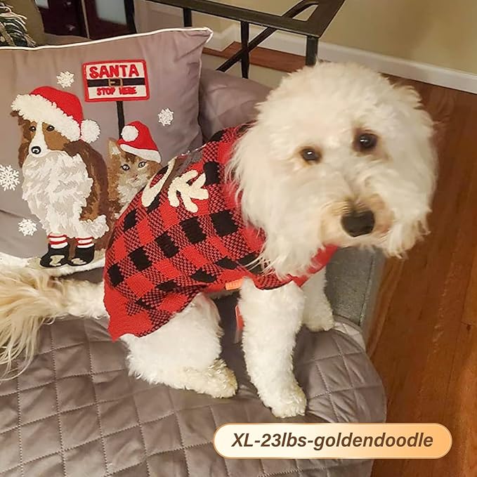 KYEESE Dog Christmas Sweater with Reindeer Pattern, Warm Winter Outfit, Turtleneck Dog Sweater for Small Dogs with Leash Hole, Red Buffalo Plaid Knitwear, Soft Cozy Pet Clothes for Christmas, X-Large