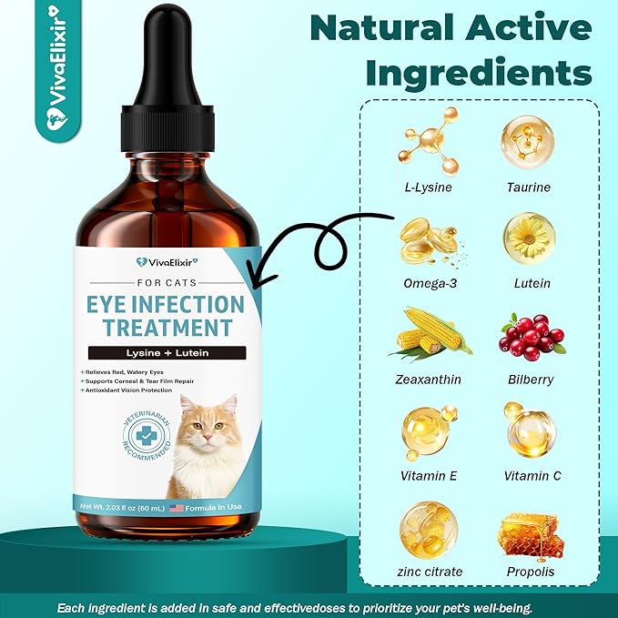 Cat Eye Infection & Vision Care Support | Cat Eye Conjunctivitis Support for Cats & Kittens | Soothes Red, Watery Eyes & Discharge | L-Lysine, Lactoferrin, Zinc, Lutein, Taurine | 2.03 fl.oz