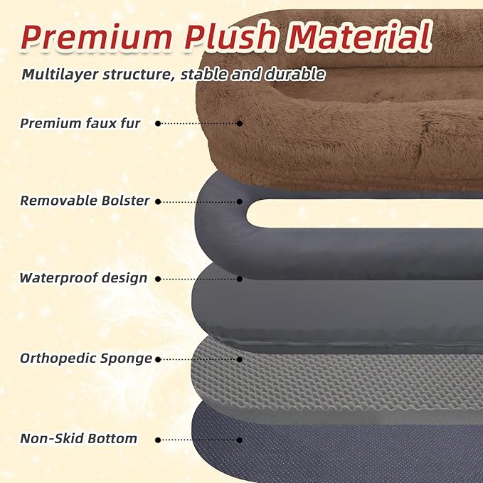 Human Dog Bed: 71''x45''x12'' Size, Washable Faux Fur, Orthopedic - Brown