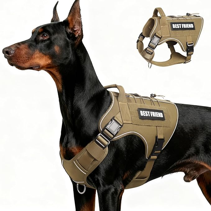 Tactical Dog Harness for Large Dogs,No Pull Military Dog Vest with Handle,Reflective Heavy Duty Pet Harness for Walking Hiking Training Brown L