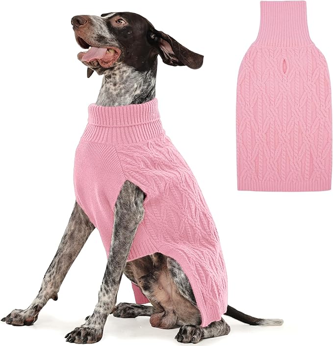 FUAMEY Dog Sweaters for Extra Large Dogs,Cold Weather Dog Knitwear,Thick Warm Dogs Turtleneck,Pet Pullover Cable Sweater,Pets Winter Clothes for Labrador Golden Retriever Pink 2XL