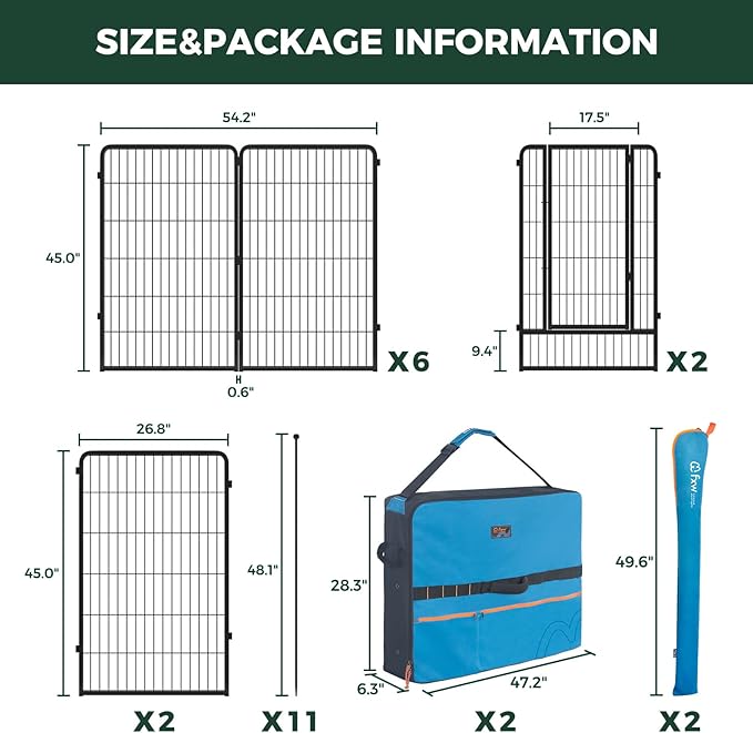 FXW Instant Unleashed Dog Playpen, Portable Pet Fence for Outdoor, RV Trips, and Camping, 45 inch, 16 Panels for Large Dogs with Playpen Storage Bag (2 Pack)│Patented
