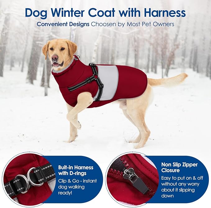 KOESON Large Dog Coat, Warm Dog Winter Coat Cold Weather Jacket with Built-in Harness and Reflective Straps, Windproof Pet Puffer Jacket Zip Up Fleece Vest for Pitbull, Husky, Burgundy L