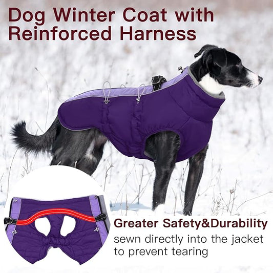 Dog Coat Winter Warm Dog Jackets for Large Dogs Reflective Snowsuit with Harness Fleece Dogs Snow Jacket Waterproof Pet Clothes for Cold Weather