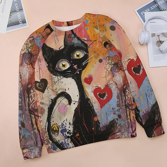 Biacolum Long Sleeve Shirts for Women Mid Century Retro Style Atomic Cat 3D Graphic Sweatshirts Fall Crewneck Pullover Top