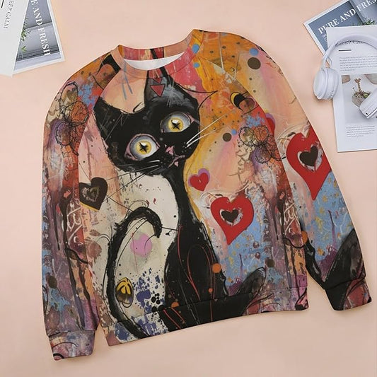 Biacolum Long Sleeve Shirts for Women Mid Century Retro Style Atomic Cat 3D Graphic Sweatshirts Fall Crewneck Pullover Top
