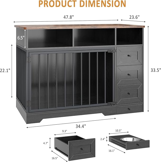 48'' Dog Crate Furniture, Farmhouse Heavy Duty Dog Kennel with Bowl & Storage Drawers, Medium Dog Cage End Table for Small Medium Dogs, Black
