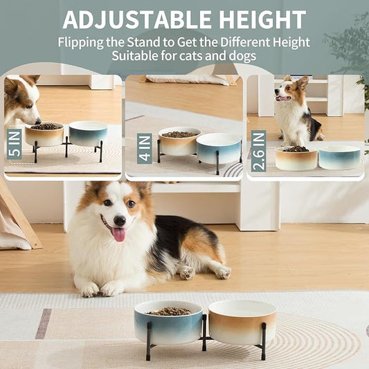 32 OZ Ceramic Dog Cat Bowl with Elevated Metal Stand, 6 Inch Ceramic Pet Dish for Food and Water, Pet Feeder Bowls for Cats & Dogs - Set of 2, Blue & Brown
