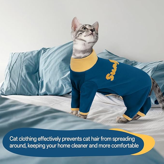T'CHAQUE Sticky Hair Cat Onesie Pajamas, Soft Long Sleeve Cat Clothes, Anti-Shedding, Surgery Recovery Suit, Wound Protection & Preventing Licking, Kitten Sweaters for Male & Female-M