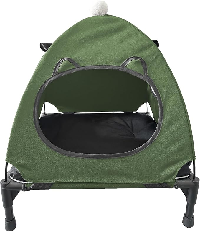 Love&go Elevated Dog Bed with Metal Frame, Cooling Raised Pet Cot for Dog and Cat (S - Olive Green Bed+Mat+Canopy, Small-18.5x18.5x5.5 inch)