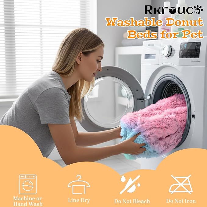 Fluffy Dog Bed Calming Donut Beds for Large Dogs Warming Round Small Medium Pet Nest Cozy Cat Mattress Indoor Washable Puppy Kennel Kittens Sleep Mat (M, 27.5×27.5 inch, Rainbow)