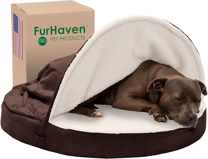 Furhaven 35" Round Cooling Gel Dog Bed for Large/Medium Dogs w/ Removable Washable Cover, For Dogs Up to 50 lbs - Sherpa & Suede Snuggery - Espresso, 35-inch